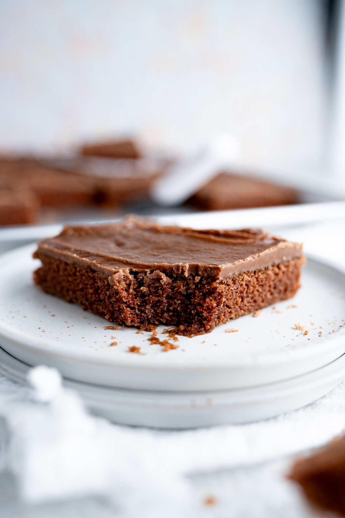 A single slice of classic texas sheet cake on a plate. 