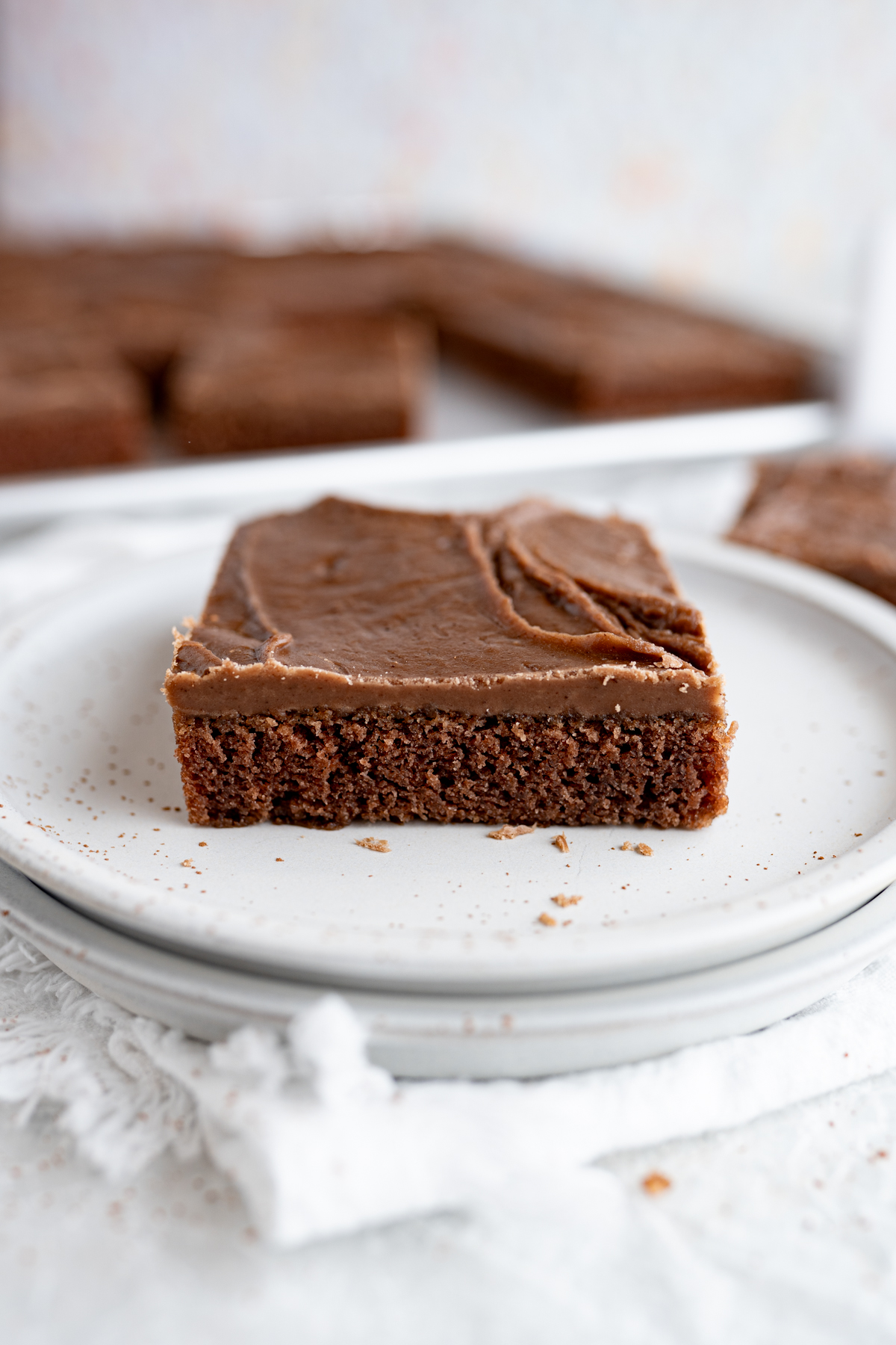 Close up of the side of a moist texas sheet cake slice. 