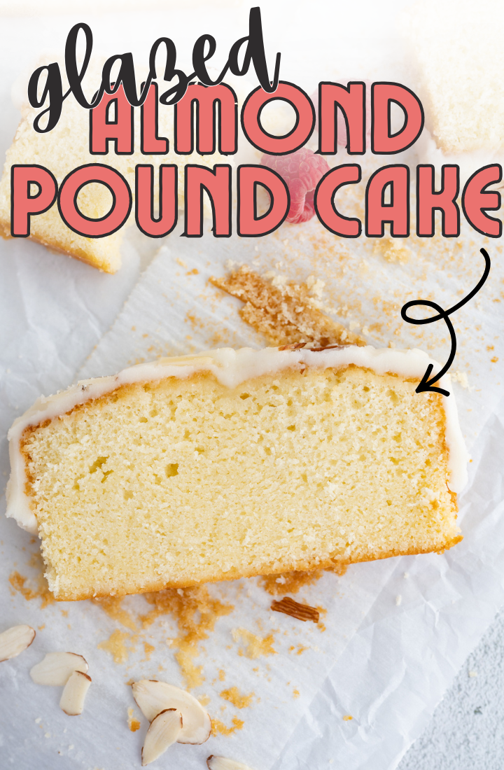 A slice of glazed almond pound cake.