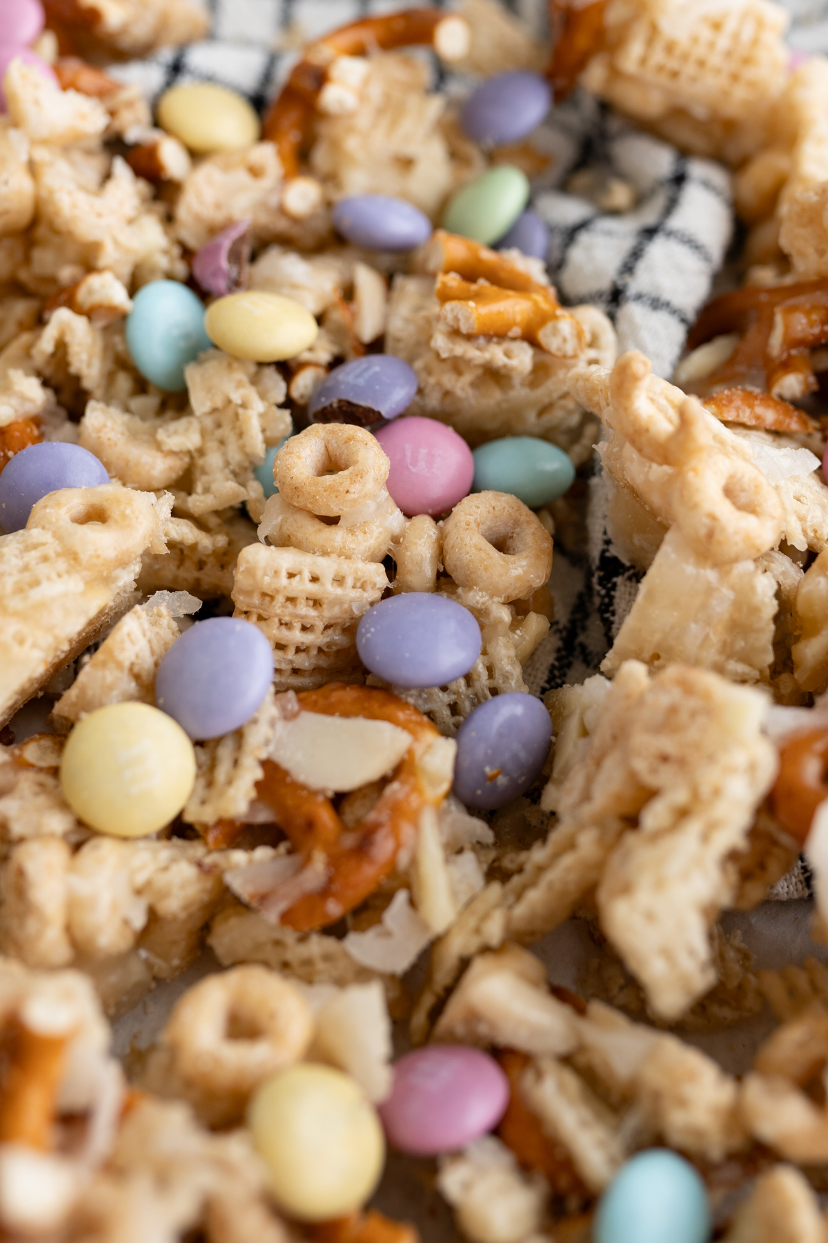 Close up of sweet and salty snack mix for Easter. 