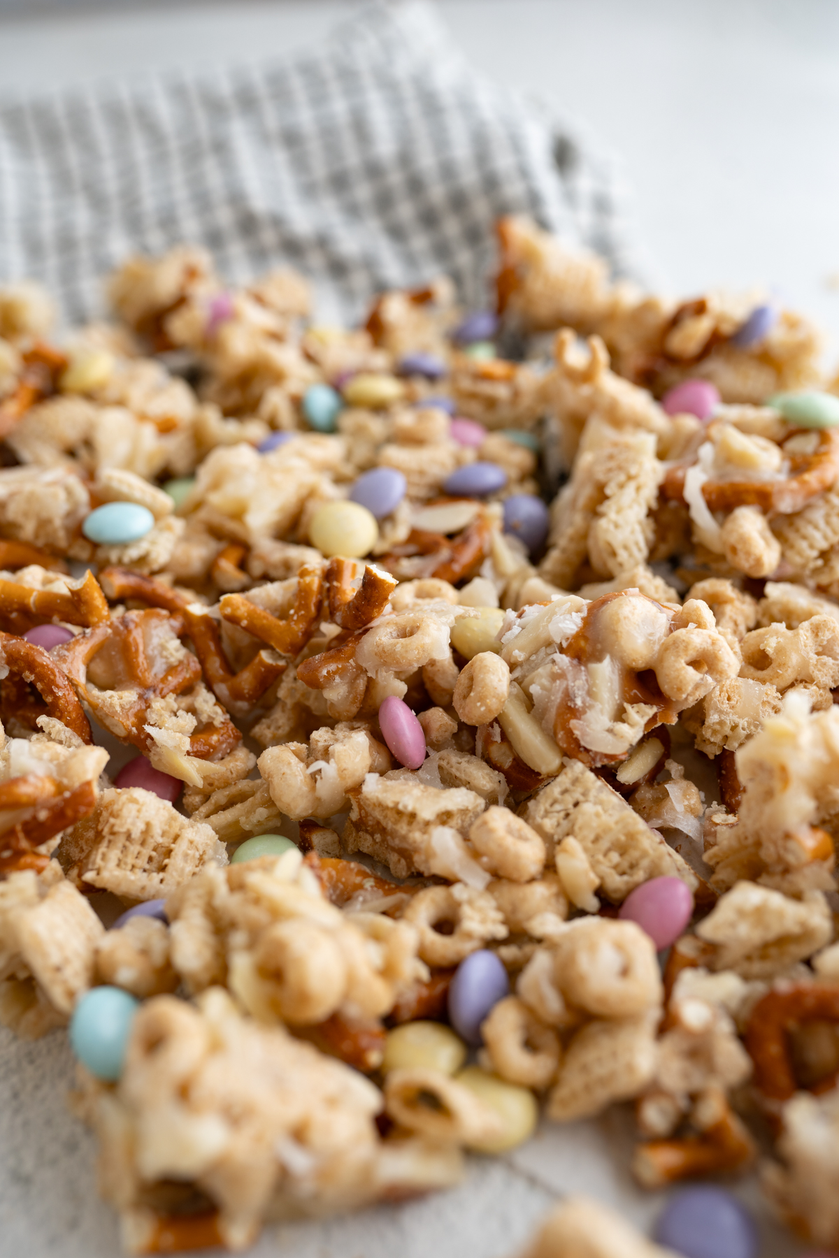 Aerial view of Easter snack mix (bunny bait) on the counter. 