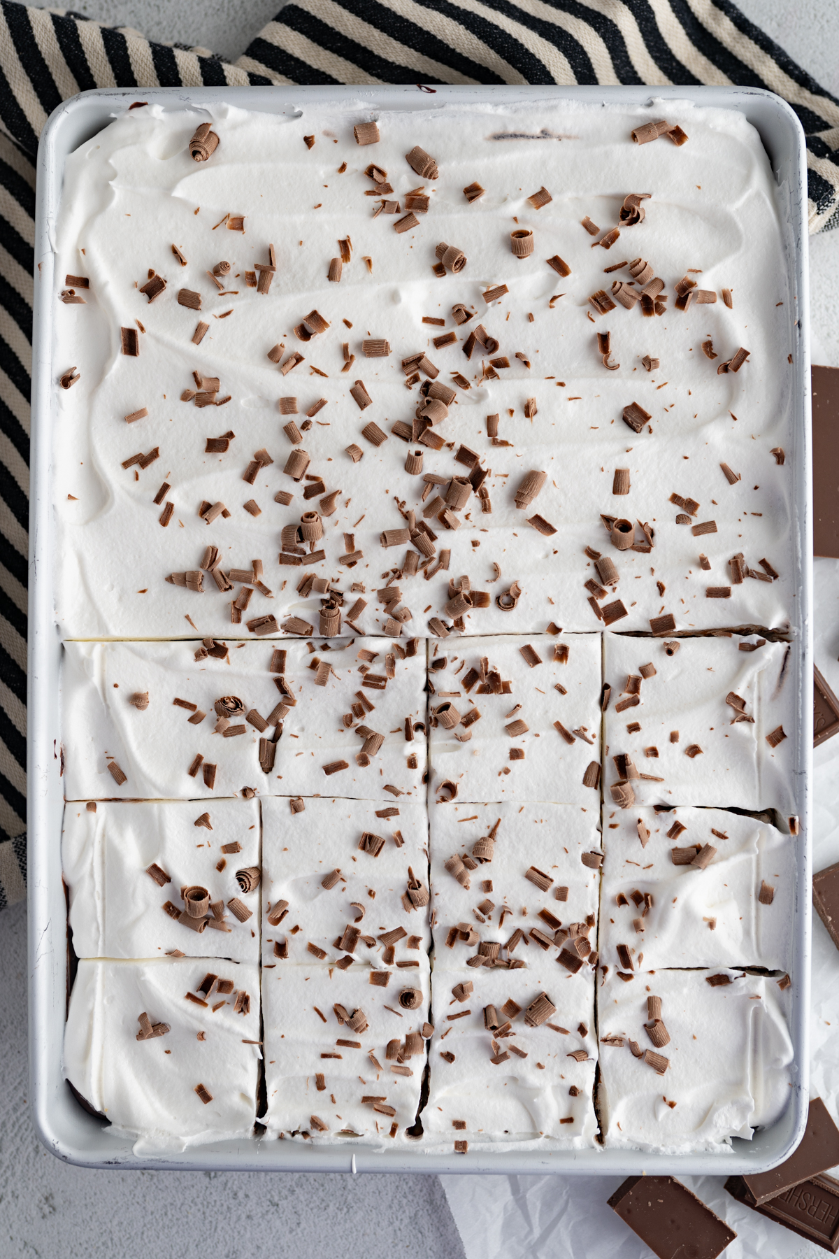 Aerial view of a pan of chocolate lush. 