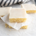 slices of vanilla sheet cake stacked.
