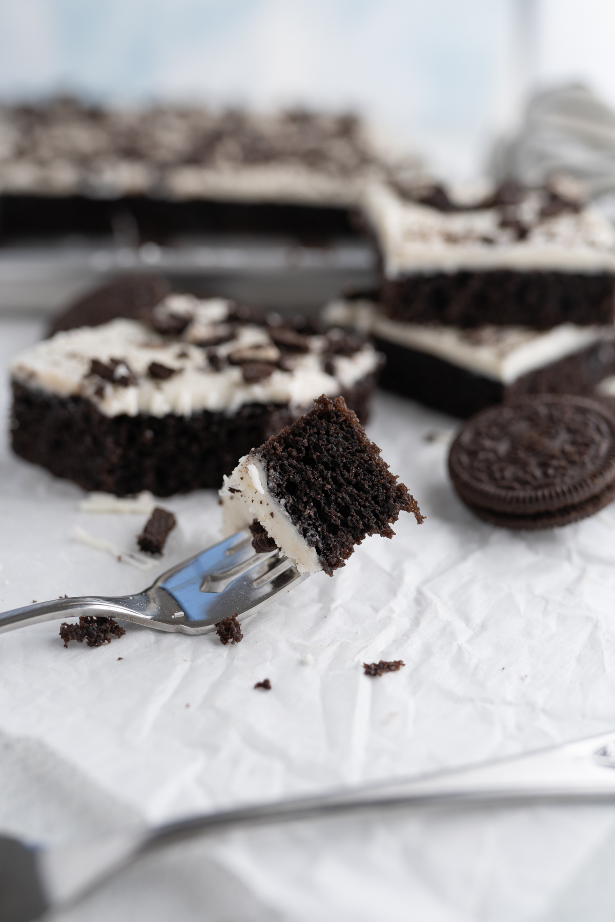 A forkful of Oreo texas sheet cake.
