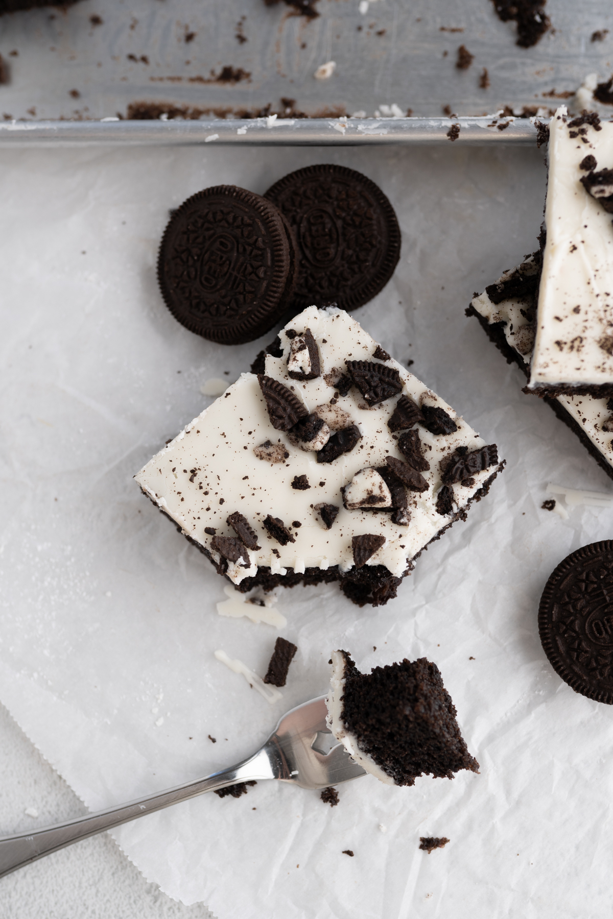 Aerial view of an Oreo Texas Sheet Cake slice.