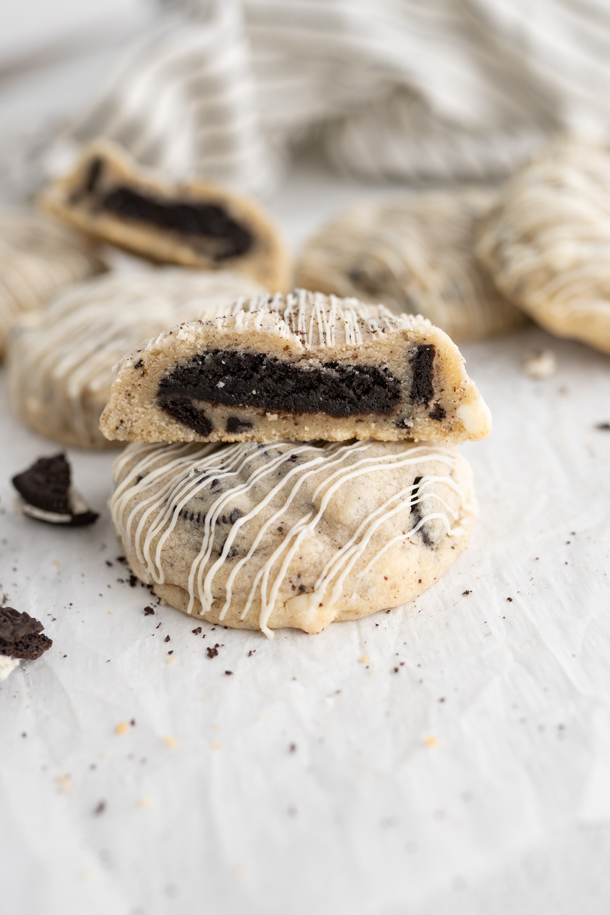 oreo truffle filled cookies cut in half to reveal the center. 