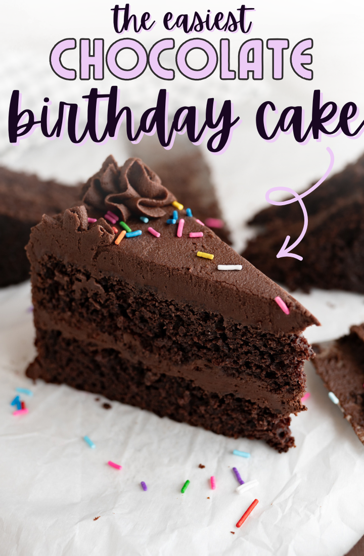 A slice of layered chocolate cake. Across the top it says "the easiest chocolate birthday cake"